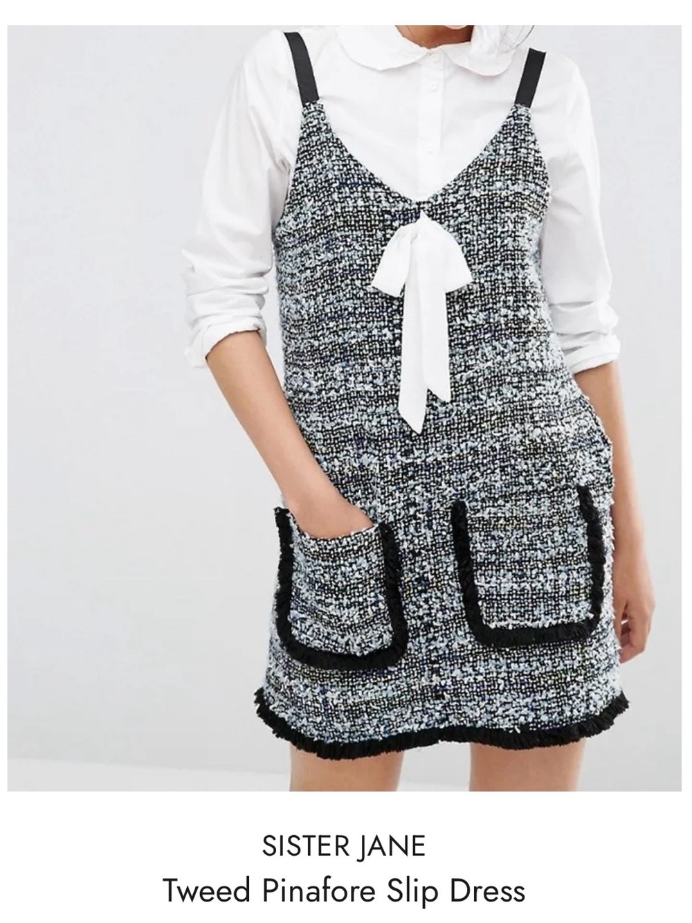 Sister Jane Black & White Tweed Pinafore Slip Dress with Bow
